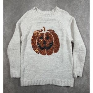 POOF Womens Large Sweater White Fuzzy Sparkle Sequin Pumpkin Halloween Crewneck